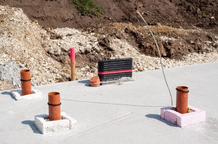 Concrete slab with four short pipe stubs near a dirt embankment and a red sign post