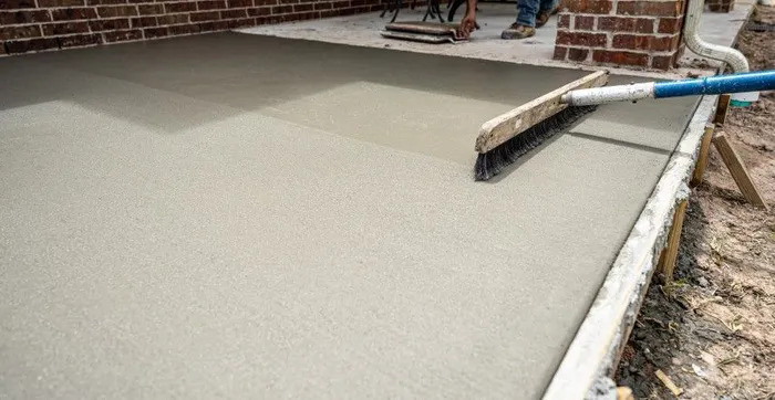 Freshly poured concrete patio being smoothed with a screed board beside a brick house